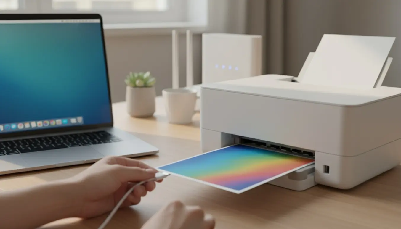 Hænder tilslutter en kompakt blækprinter til en bærbar Mac med et USB-kabel på et ryddeligt skrivebord.