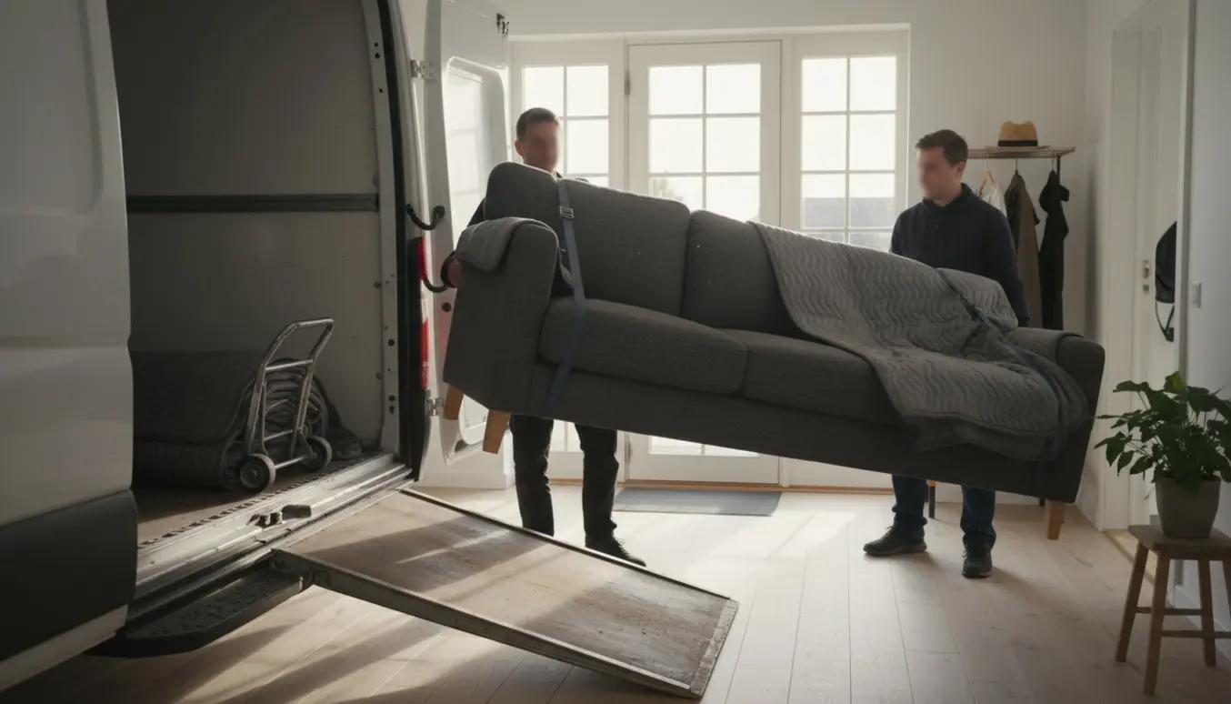 Tre personer bærer en to meter lang sofa fra en flyttevogn ind i en lys, skandinavisk entré.