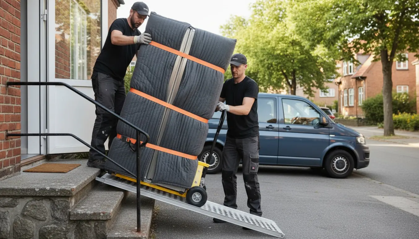 To flyttemænd trækker et stort amerikansk køleskab ned ad rampen fra en hævet stuelejlighed i Lyngby.