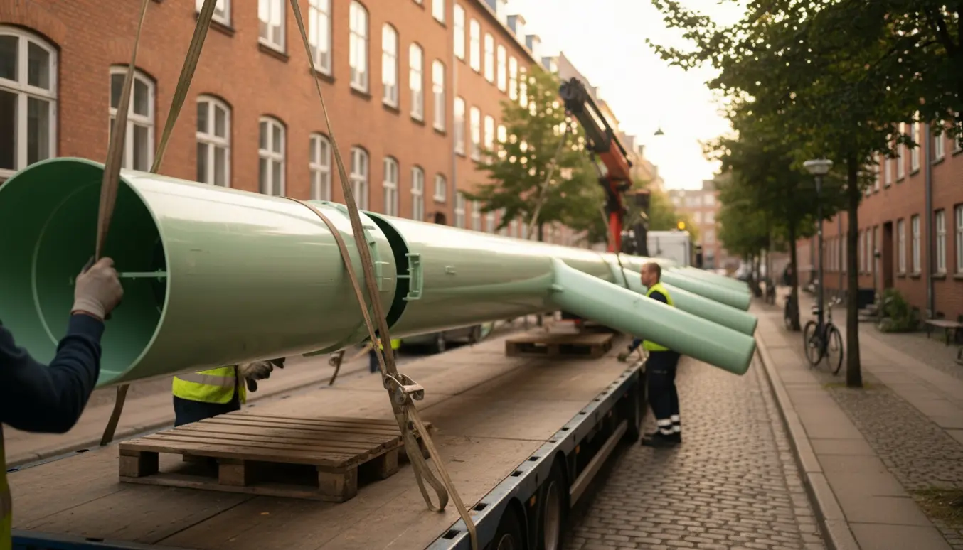 Lang plastiktræ på fladvogn i københavnsk gade, sikret af arbejdere med stropper og en lille kran.