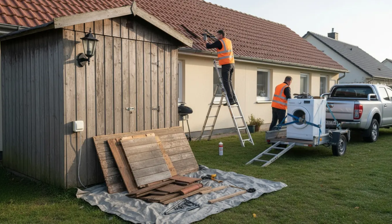 Håndværkere reparerer et løst tag og fjerner et skur, mens en vaskemaskine læsses på en trailer.