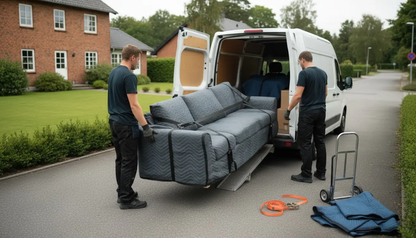 Chaiselong sofa læsses i en flyttevogn af to personer med flyttetæpper og stropper, ansigter ikke synlige.