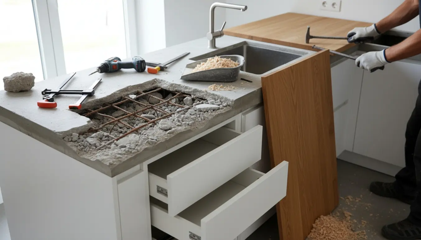 Renovering af køkkenbord med delvist fjernet armeret beton og en mindre træbordplade klar til montering.