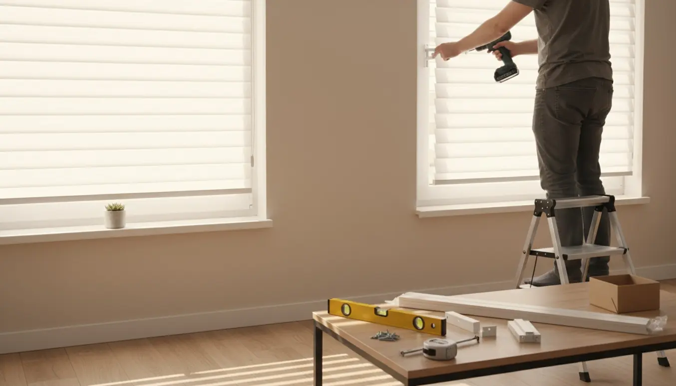 En person monterer to persienner i et lyst værelse, værktøj og beslag ligger klar.