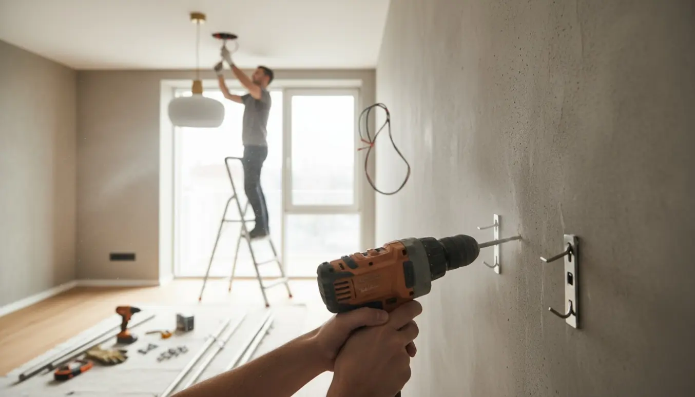 Hænder monterer en loftslampe og borer i en betonvæg for at sætte gardinstænger i et lyst værelse.