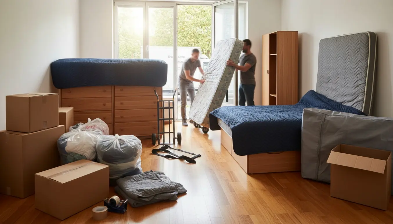 Flyttefolk læsser kommoder, en smal garderobe, en seng og stabler kasser ved døren til en flyttebil.