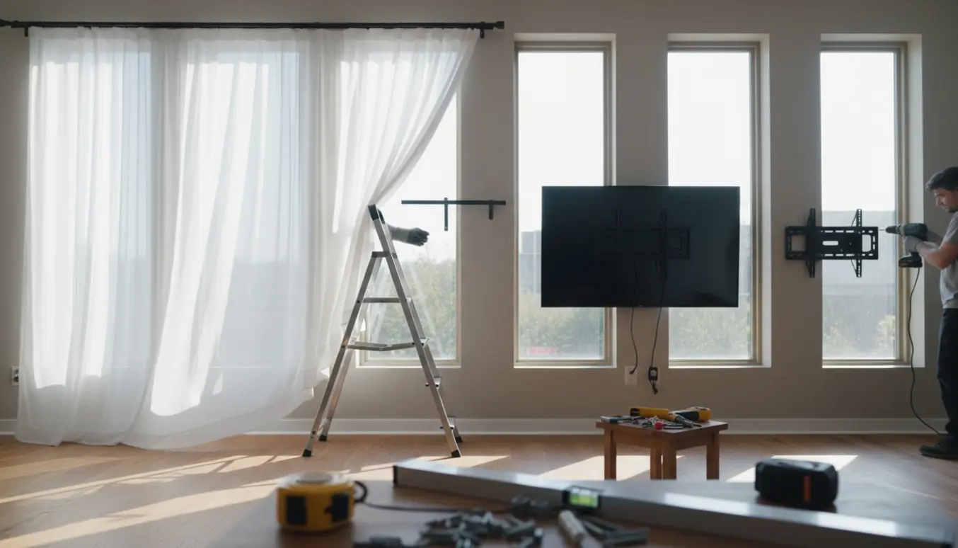 Håndværker hænger gardiner op og monterer et væg-tv i en lys, moderne stue.