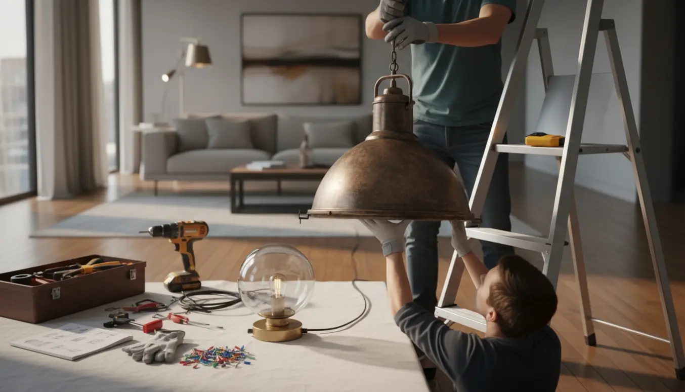 To personer monterer en tung loftlampe i en moderne stue; kun hænder og værktøj ses.