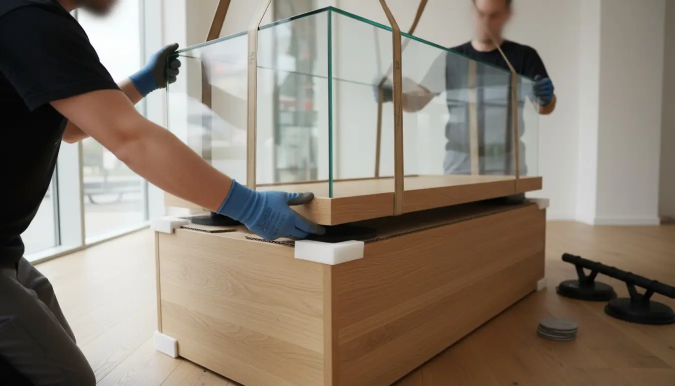 To personer løfter en glasvitrine og placerer den oven på en anden i et lyst butiksmiljø.