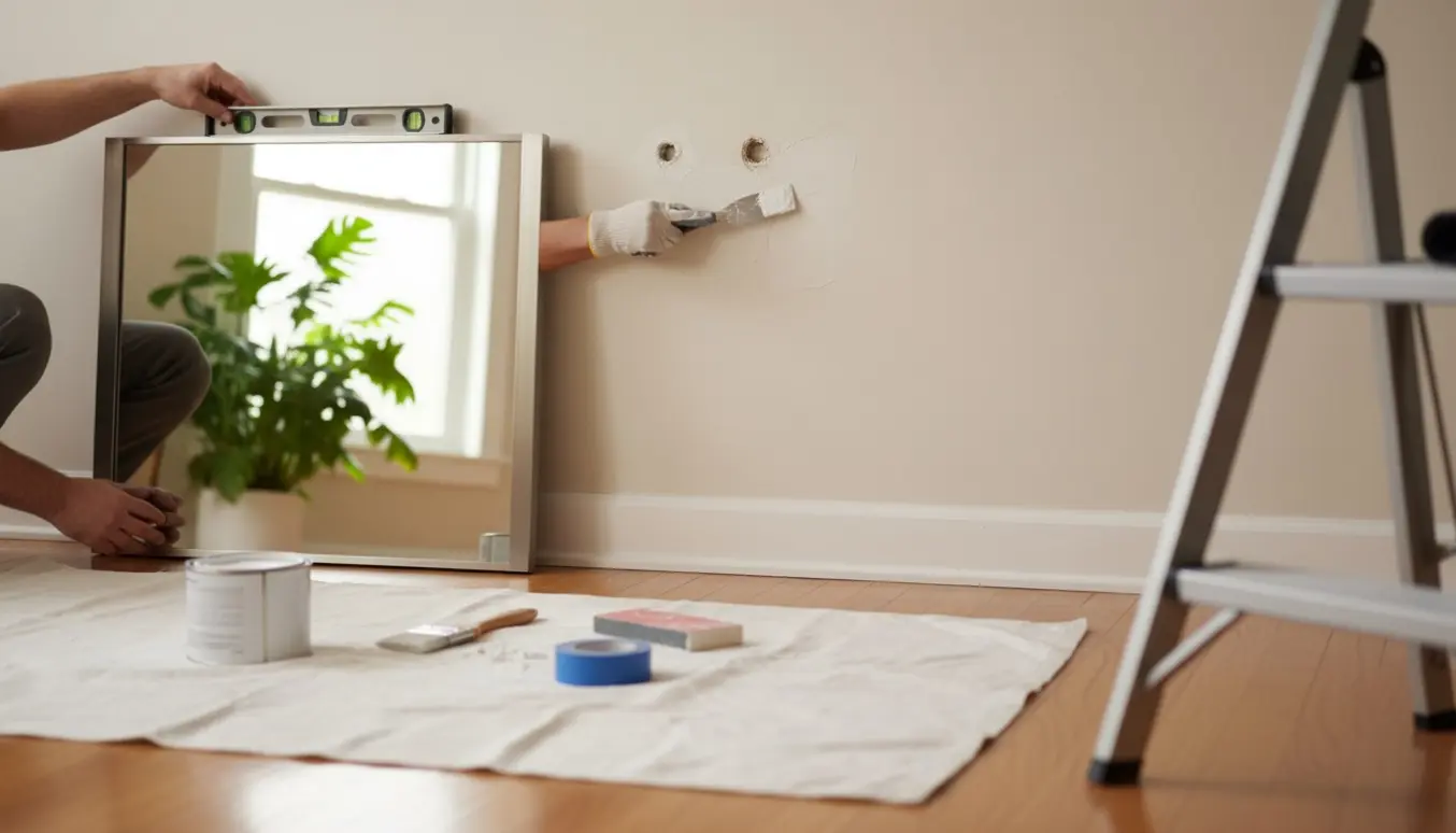 Nærbillede af hænder, der hænger et spejl op og spartler gamle huller i en hvid væg med maling og værktøj ved siden af.