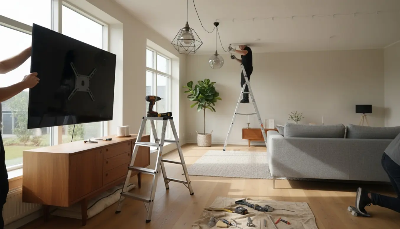 Solbelyst stue med flytning af sofa og skænk, ophængning af TV og omplacering af to lamper.