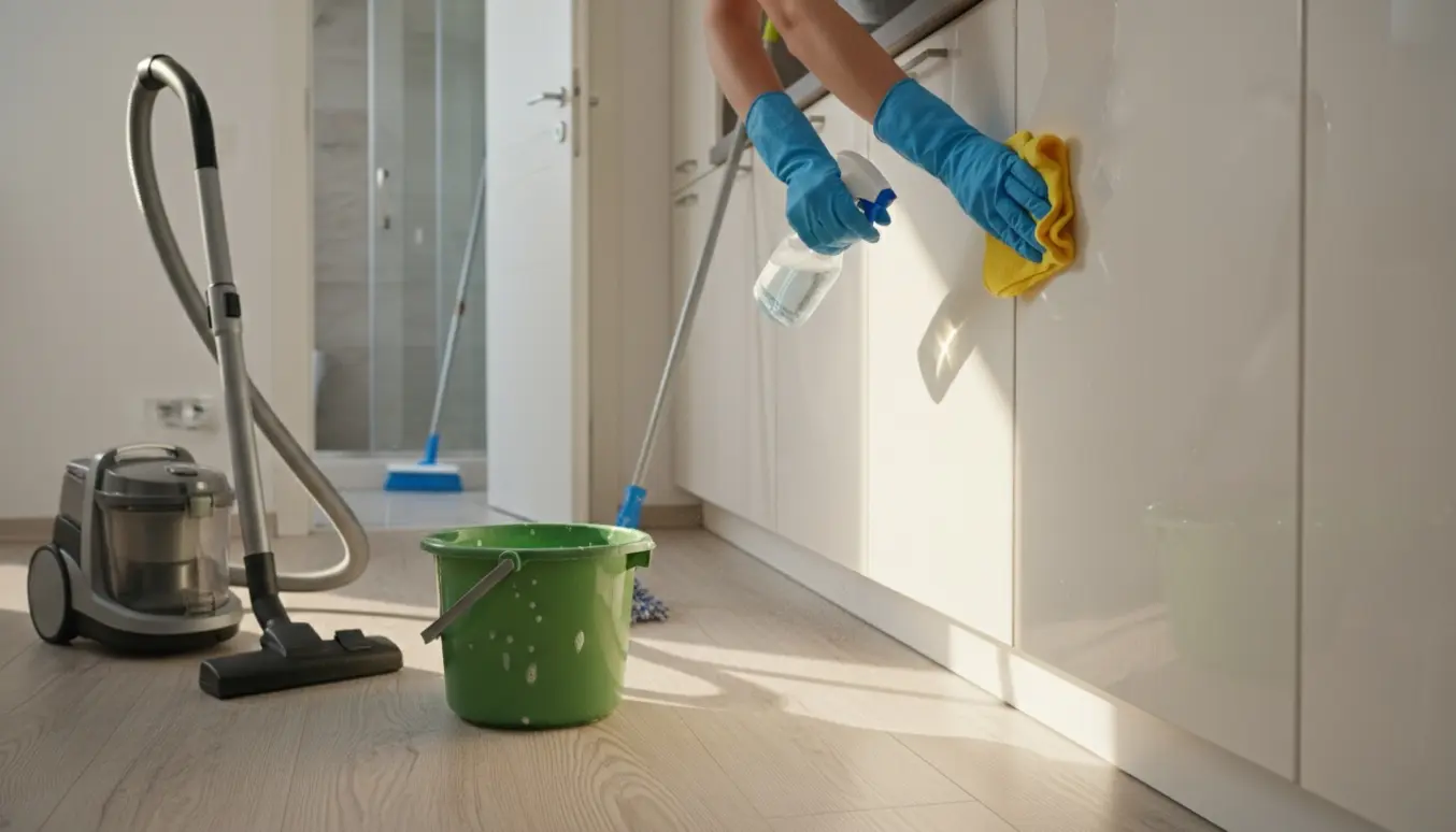 Hænder i rengøringshandsker tørrer køkkenskabe af og støvsuger gulvet i en lille studiebolig.