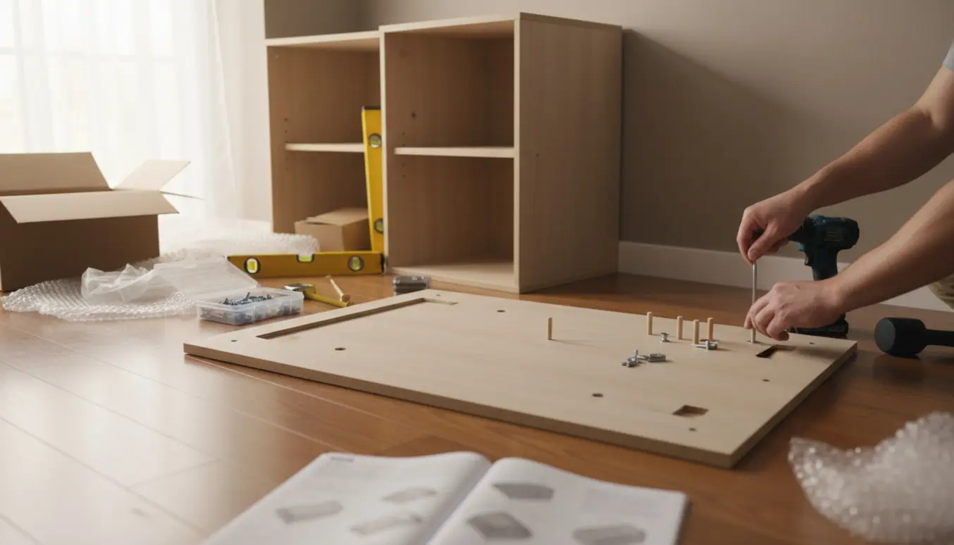 To Ikea-skabe under montering på stuegulvet med værktøj og åbne papkasser.