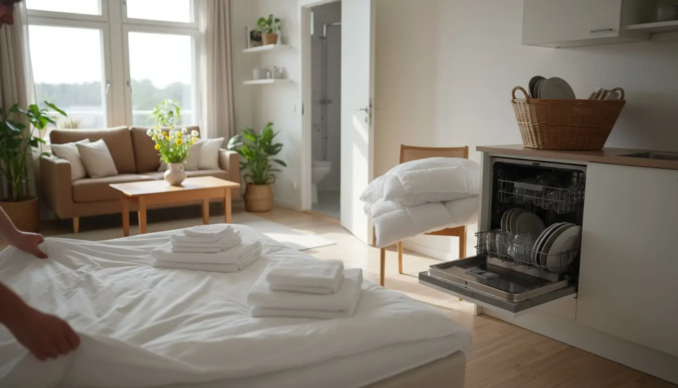 Hænder redder en seng med friske lagner og stabler rene håndklæder i en lys lejlighed klar til nye gæster.