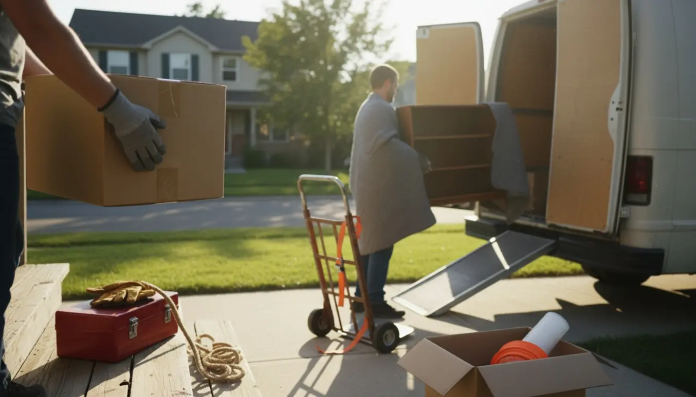 Hjælpere læsser flyttekasser og indpakkede møbler ind i en varevogn uden ansigter i fokus.