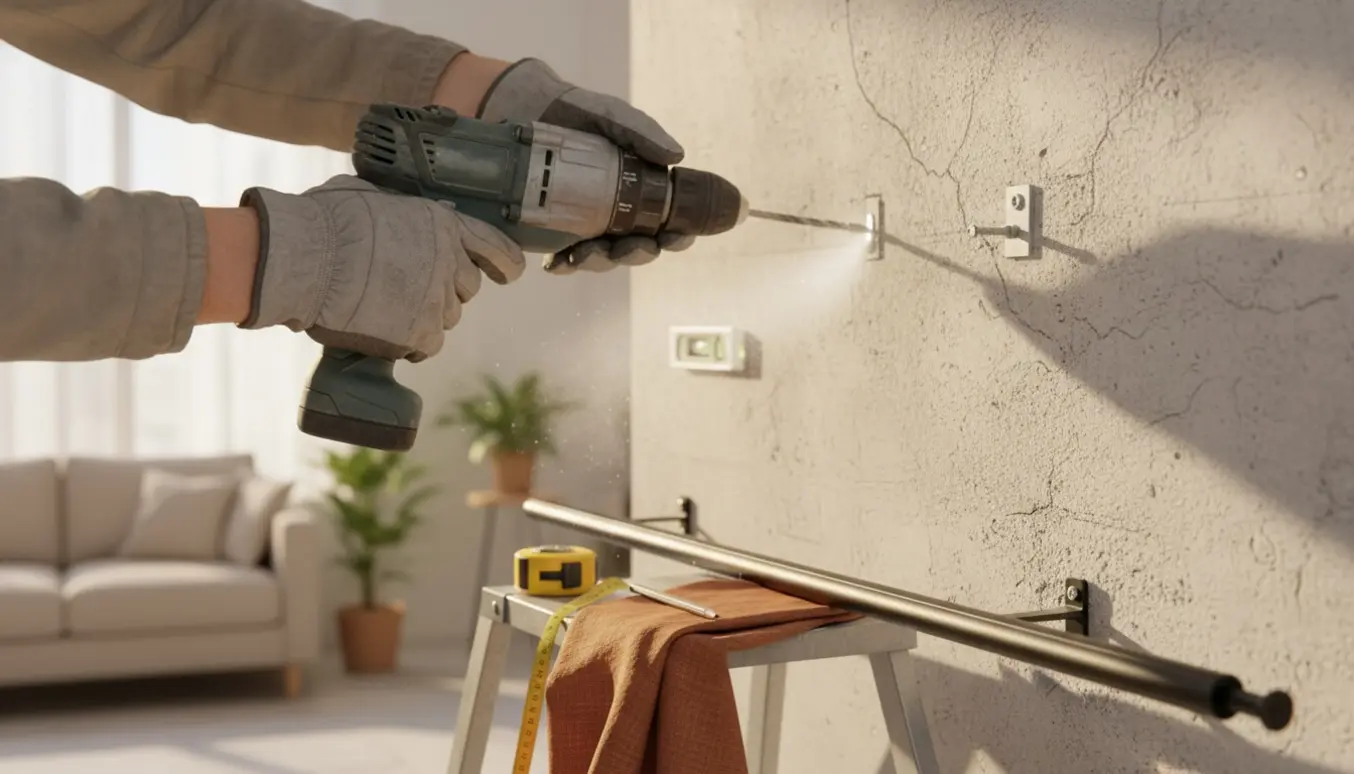 Hænder fra en håndværker borer i en murvæg for at montere en gardinstang med værktøj og gardinstof i forgrunden.