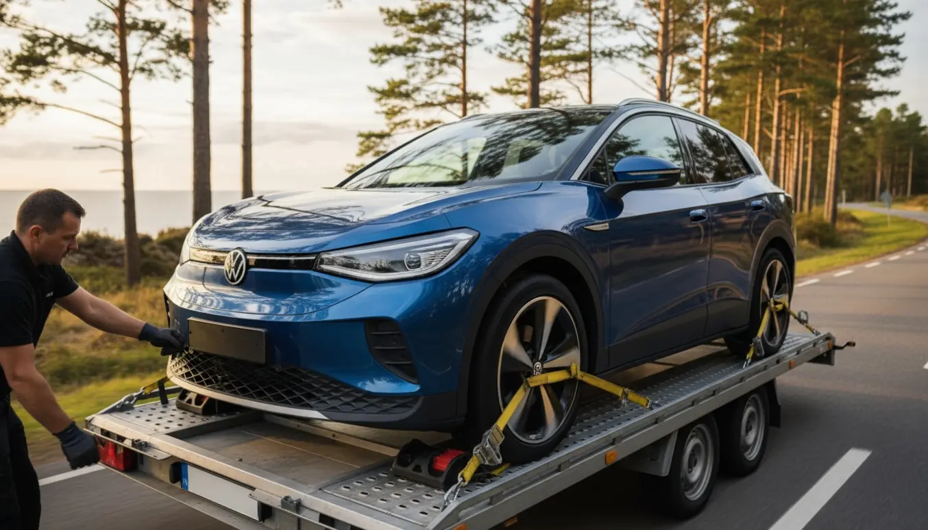En ny elektrisk SUV læsses sikkert på en autotransport langs en svensk kystvej i gyldent lys.