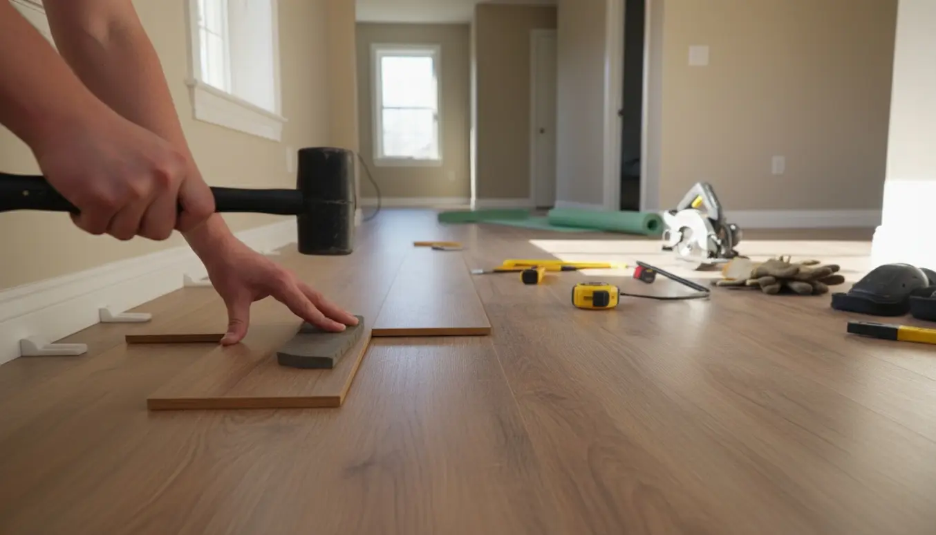 Laminatgulv under montering i åben stue/køkken med hænder, værktøj og delvist lagt gulv.