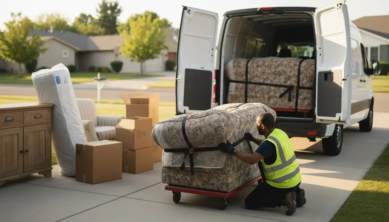 En person laster sofa og møbler ind i en åben varevogn ved vejkanten.