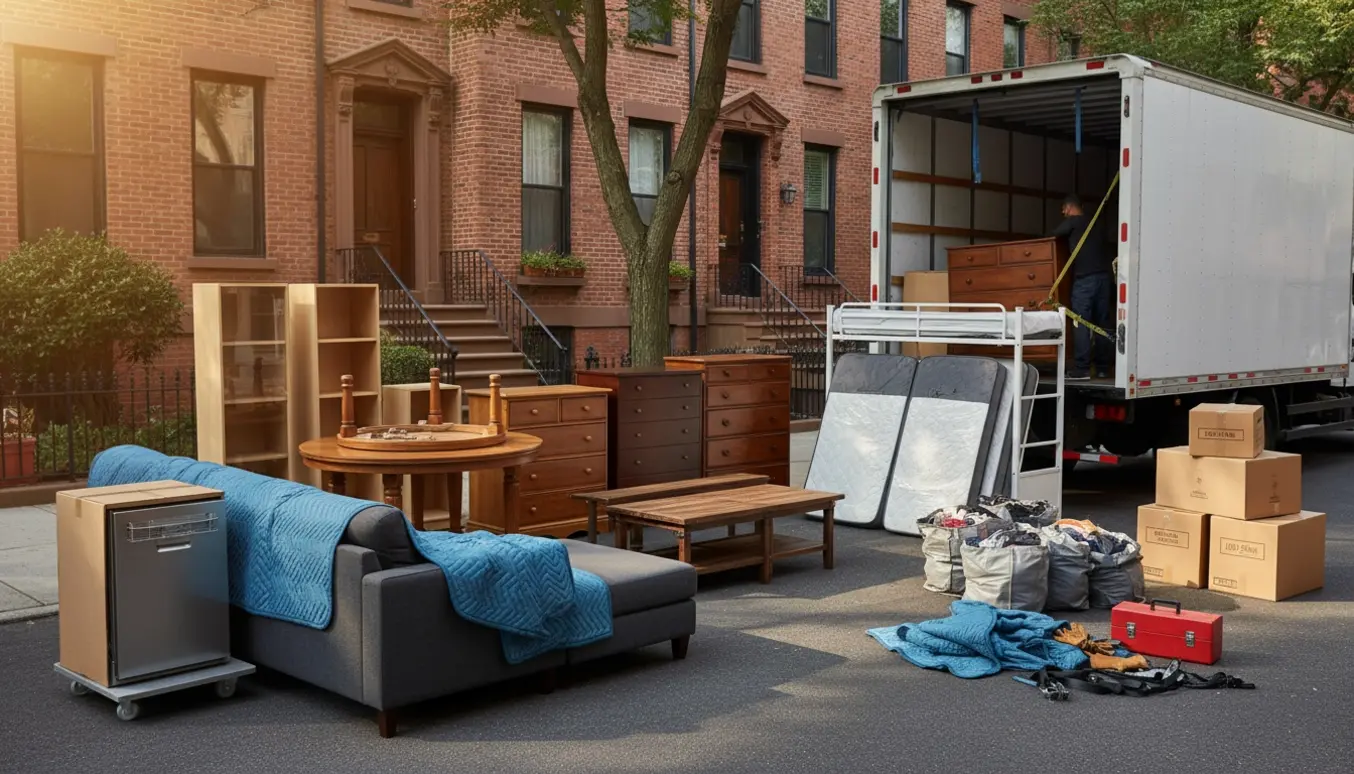 Åben flyttebil med adskilte møbler, madrasser, flyttekasser og håndværkere klar til transport.