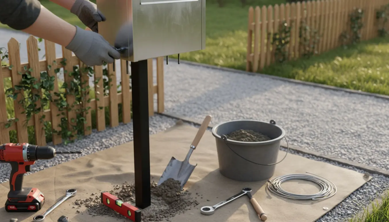 Montage af en moderne metalpostkasse på en stander i forhaven med værktøj og montagestænger.