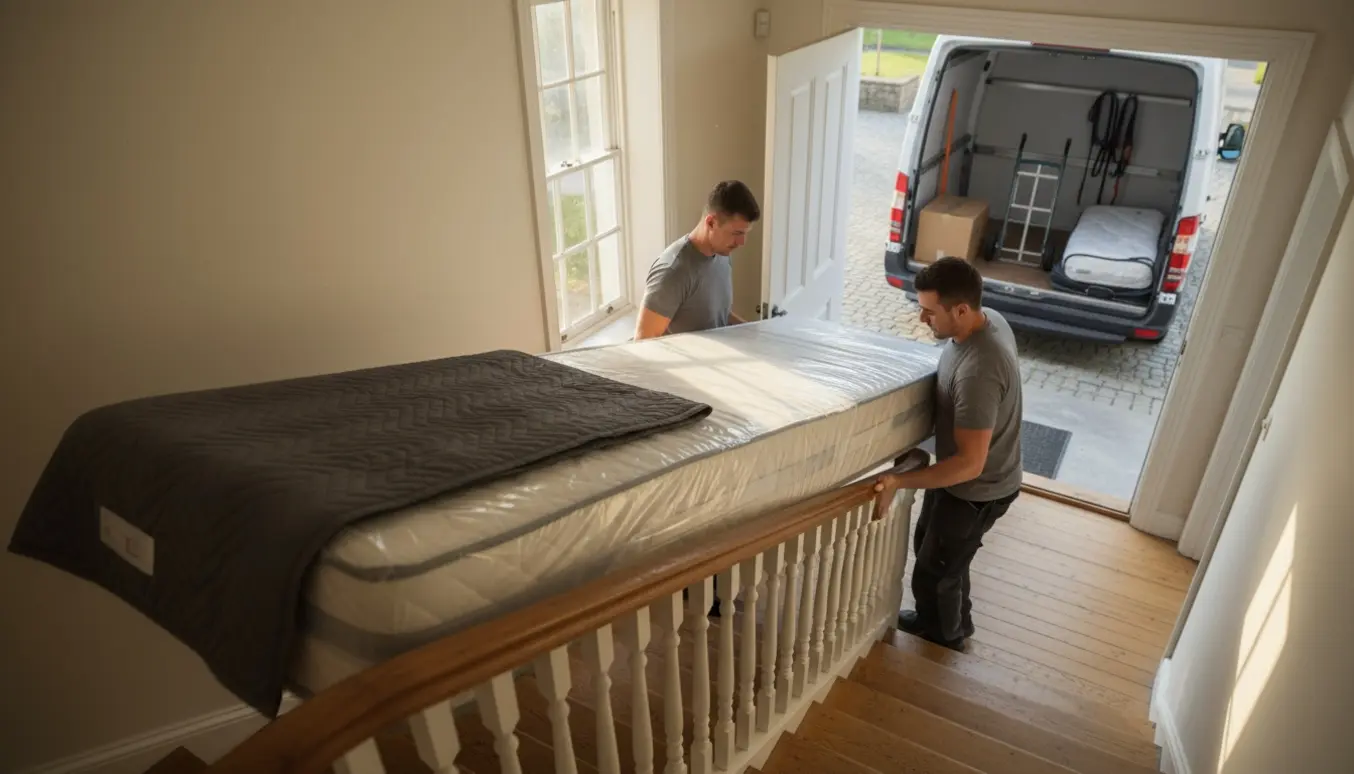 To personer bærer en lang, indpakket boxmadras op ad en trappe i et villahjem med flyttebil udenfor.