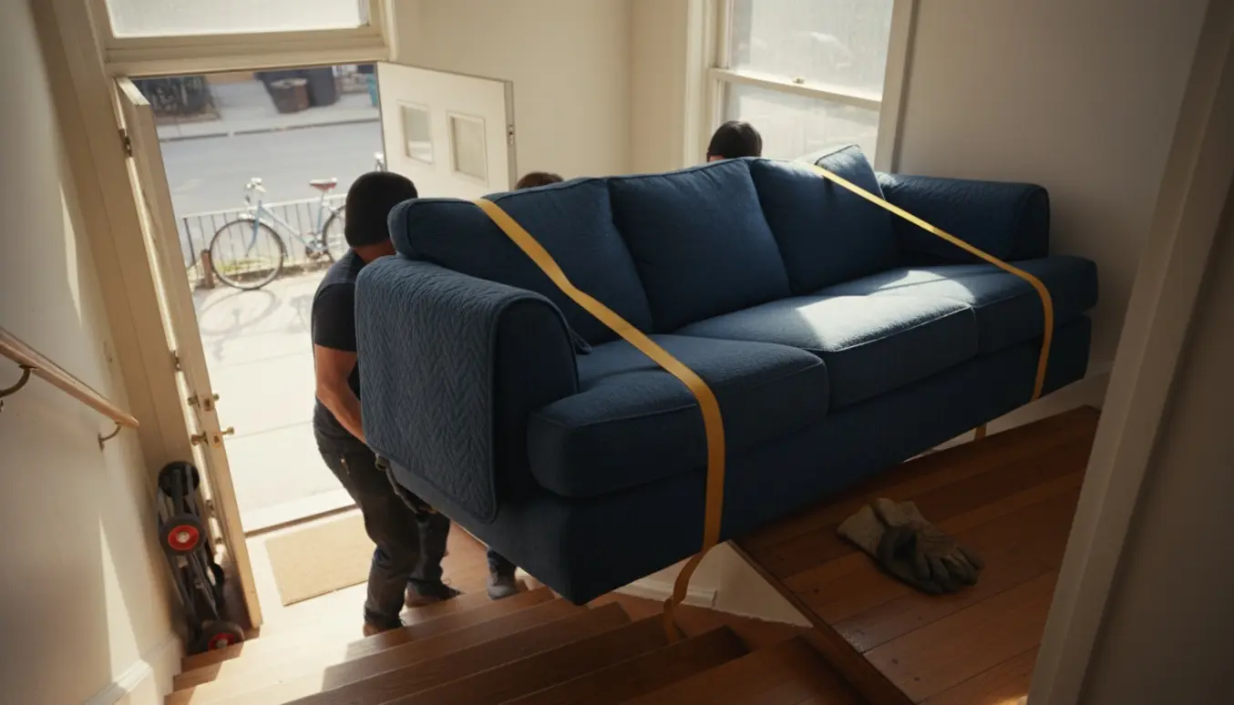 Stor 3-personers sofa bæres op ad en smal trappe fra gadeplan til første sal, ansigter ikke tydelige.