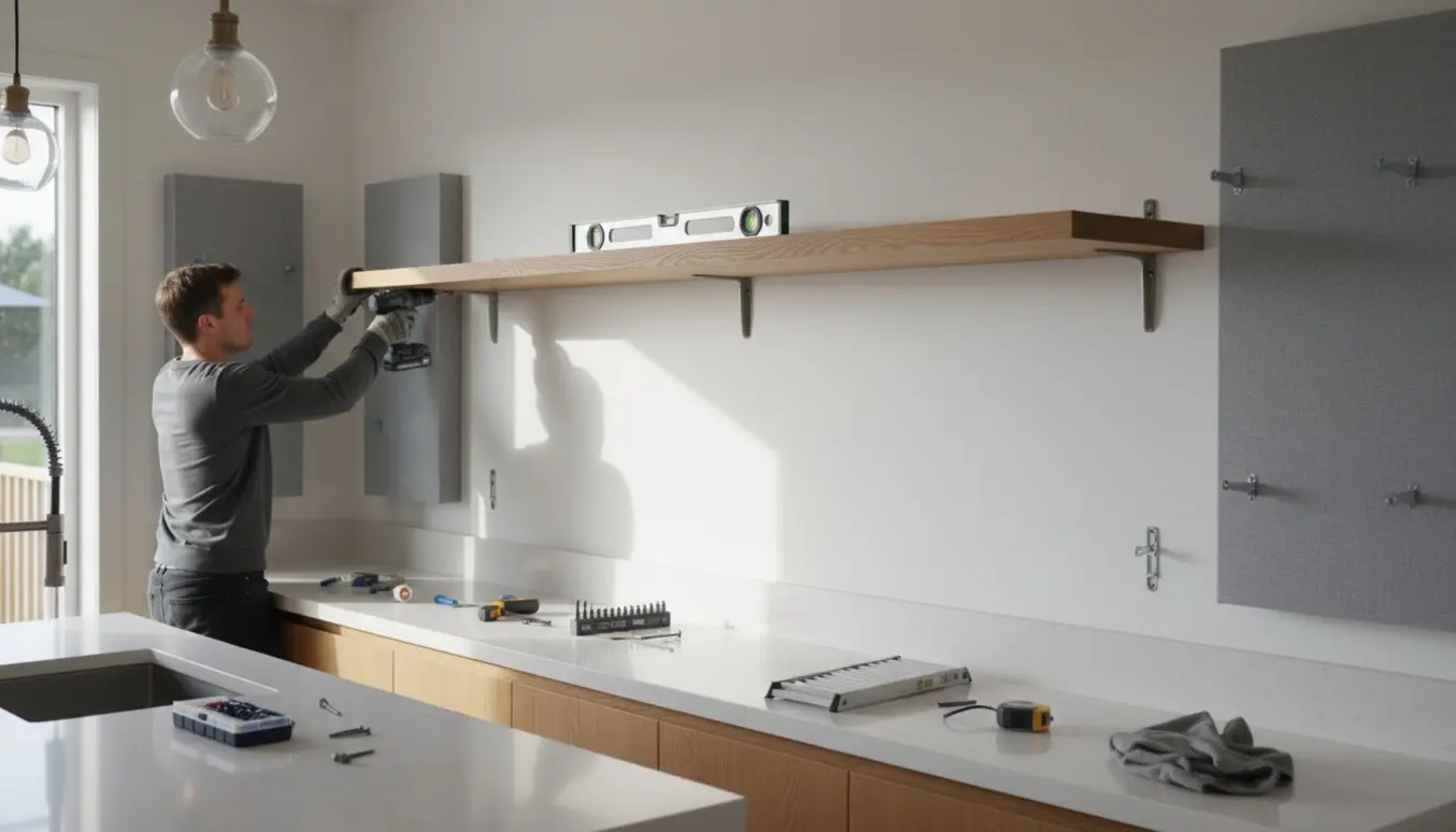 Et køkken hvor en træhylde monteres på en væg, og to lyddæmpende akustikplader er ved at blive opsat.