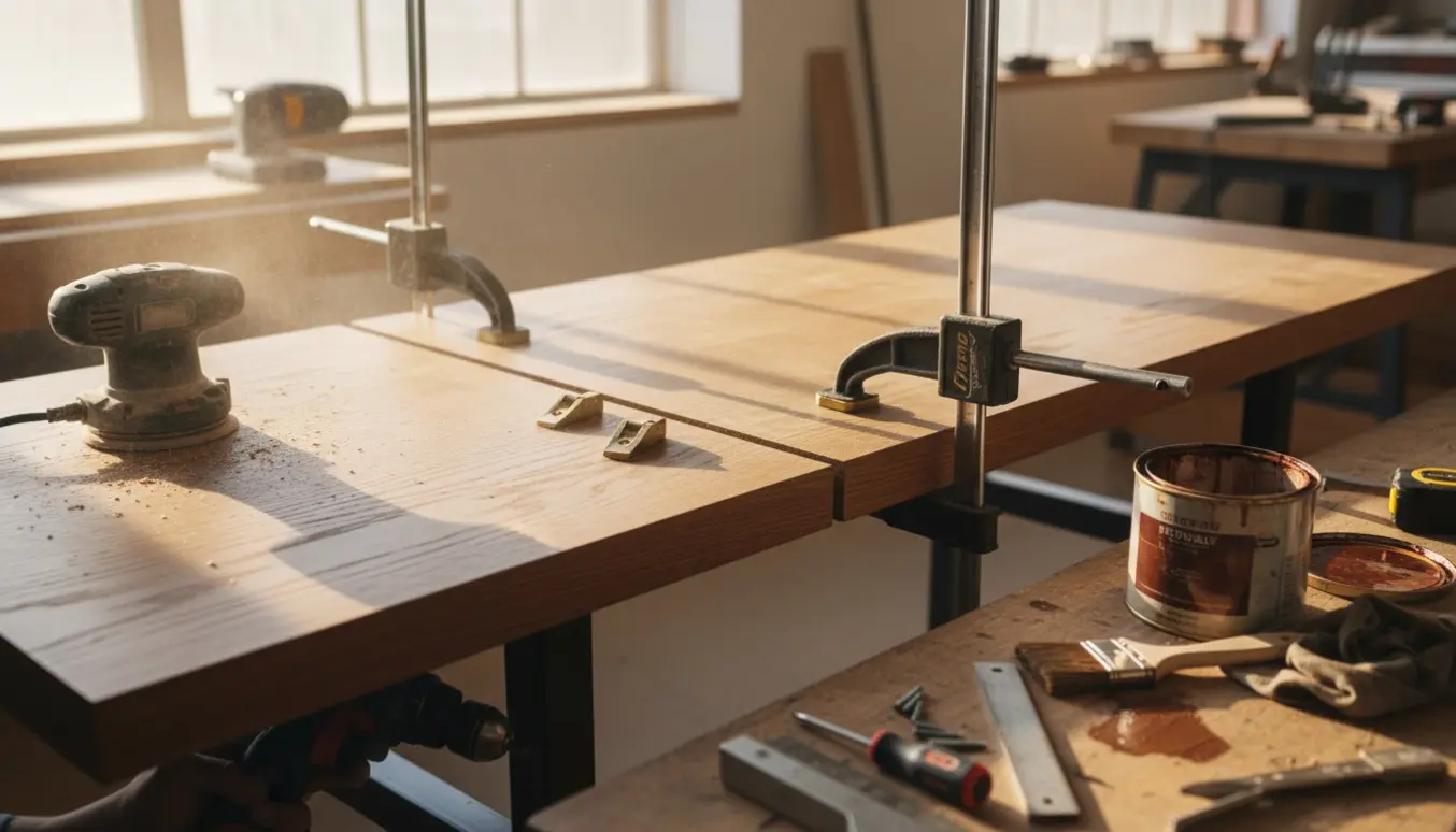 Nærbillede af et bord fra 1950'erne under restaurering med slibning, bejdsning og fastgjort endestykke.