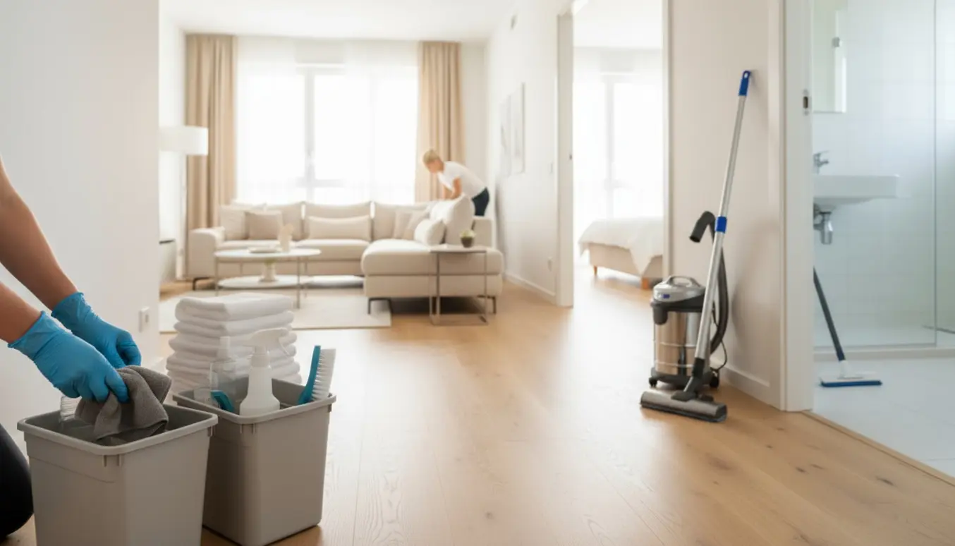 Lyse, rene rum med rengøringsudstyr og foldede håndklæder i en indbydende lejlighed.