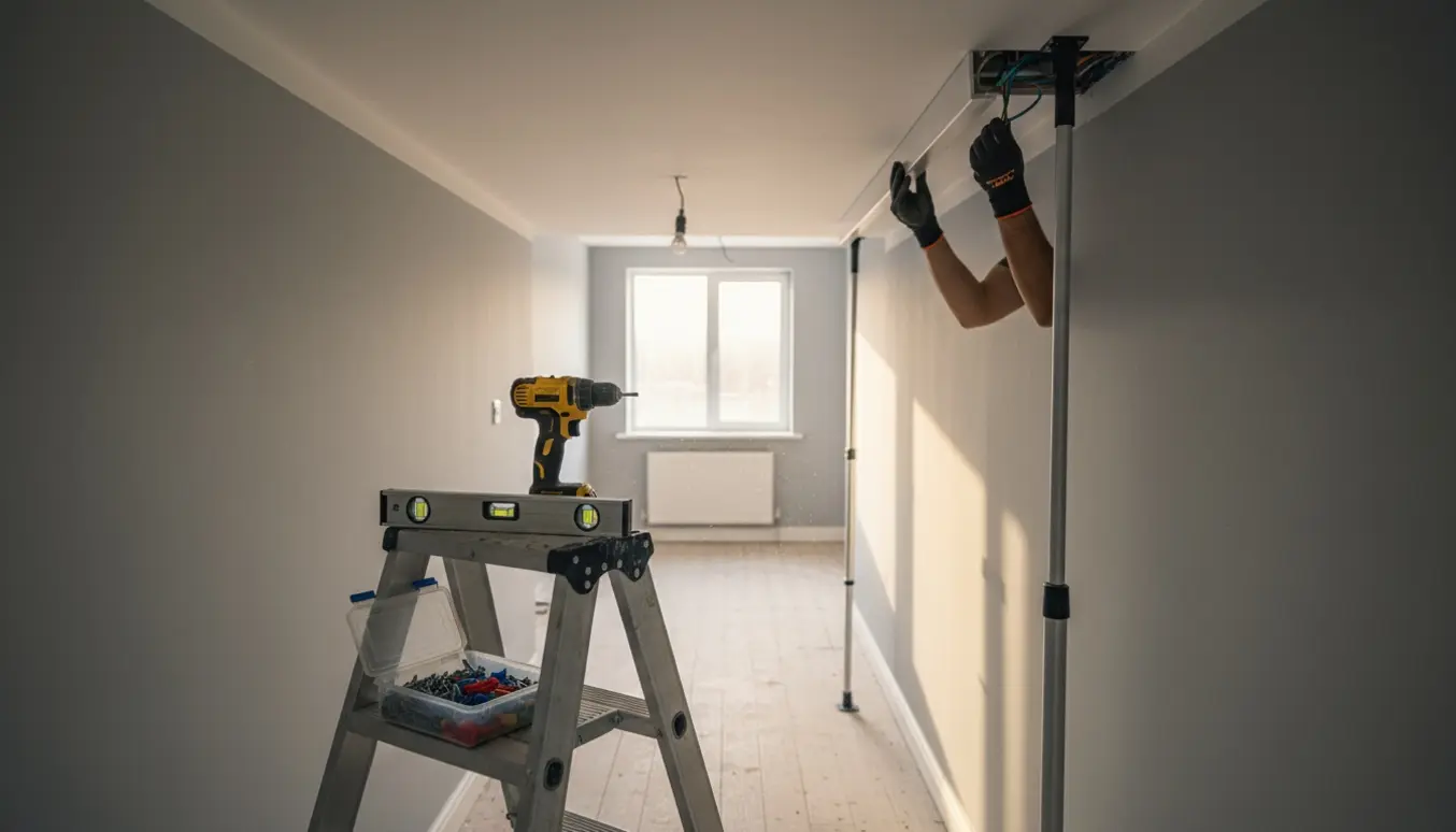 En elektriker monterer kabelkanaler i loftet i en lille gang, med værktøj og stige i forgrunden.