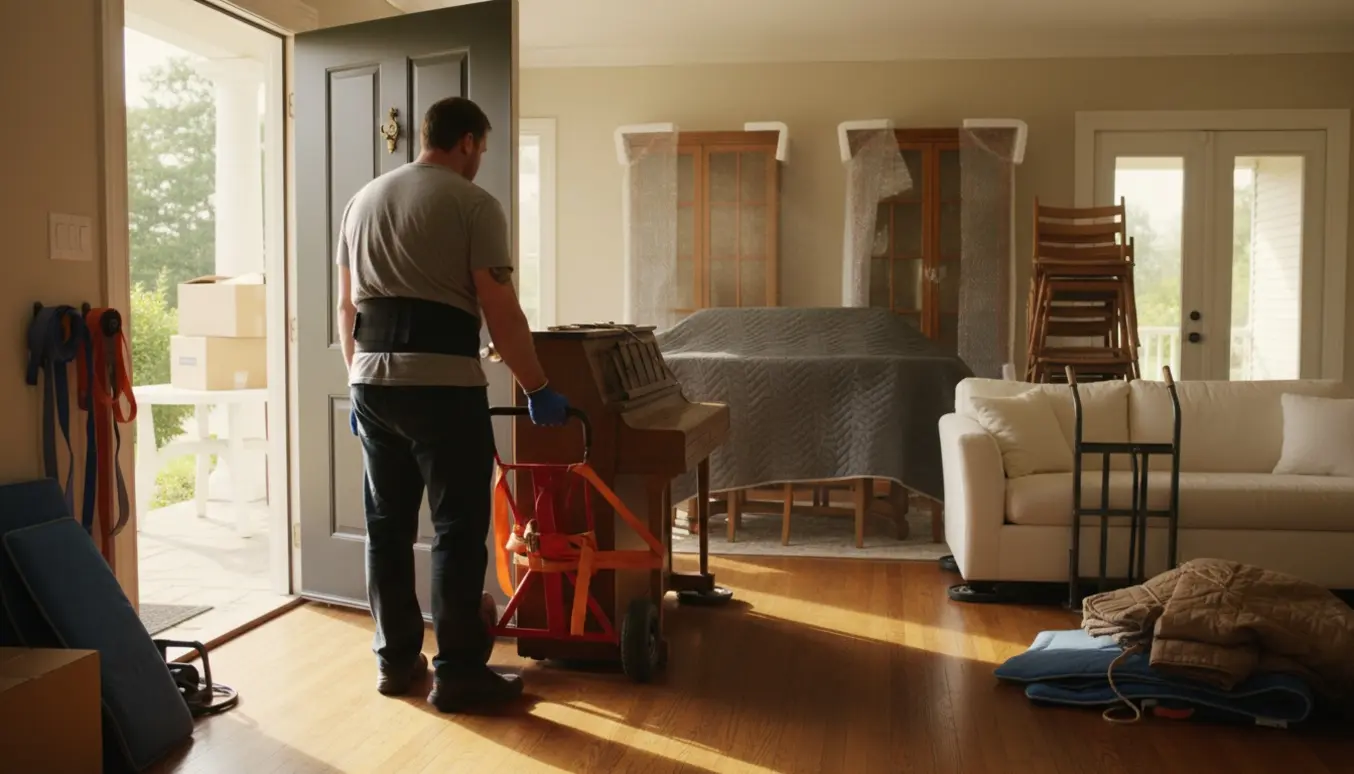 Flytning af møbler ind i et hus med et lille klaver på en flyttevogn, spisebord, vitrineskabe og sofa, med en hjælper set bagfra.
