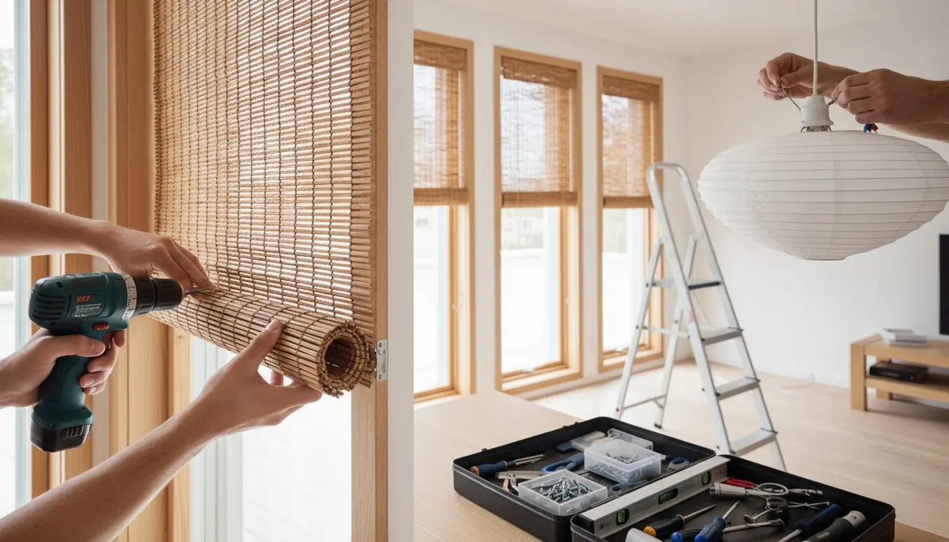 Installatør monterer bambus rullegardin og opsætter rispapirslampe på en høj stige i et lyst, skandinavisk rum.