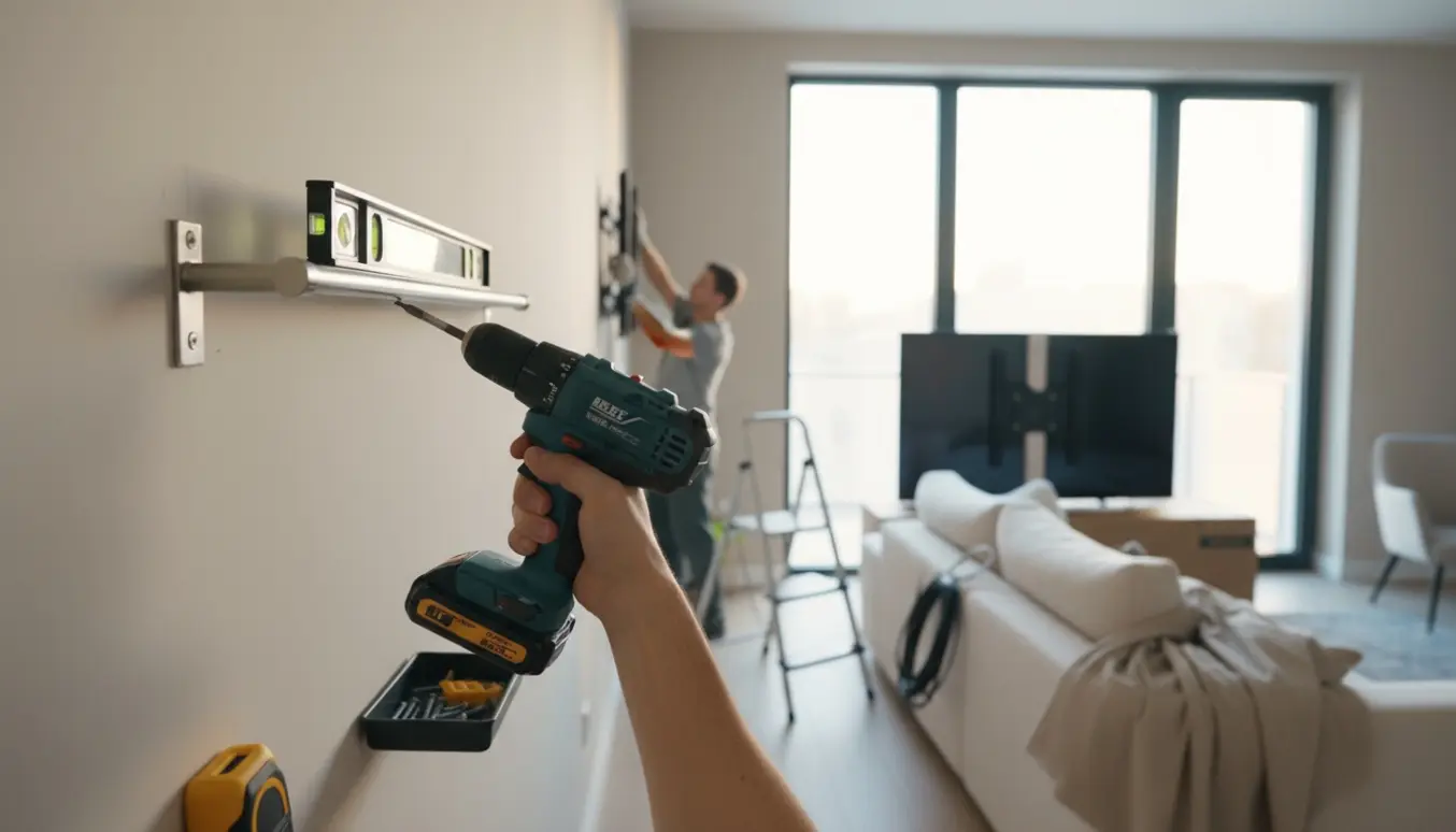 Hænder monterer en gardinstang over et vindue i en lys, moderne stue, mens et stort fladskærms-tv gøres klar til ophængning.