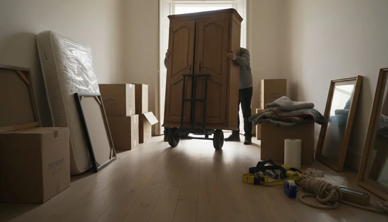 To personer flytter et stort skab på en dolly i et lyst hjem omgivet af flyttekasser, en indpakket madras og indrammede billeder.