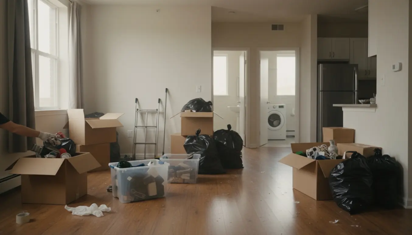 En lejlighed under tømning med kasser og sorte sække, kun køleskab i køkkenet og vaskemaskine i badeværelset.