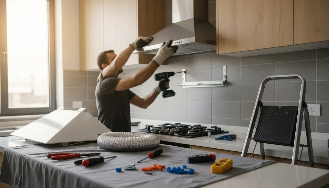 To hænder montere en ny rustfri emhætte i et køkken med værktøj og afmonteret emhætte på bordet.