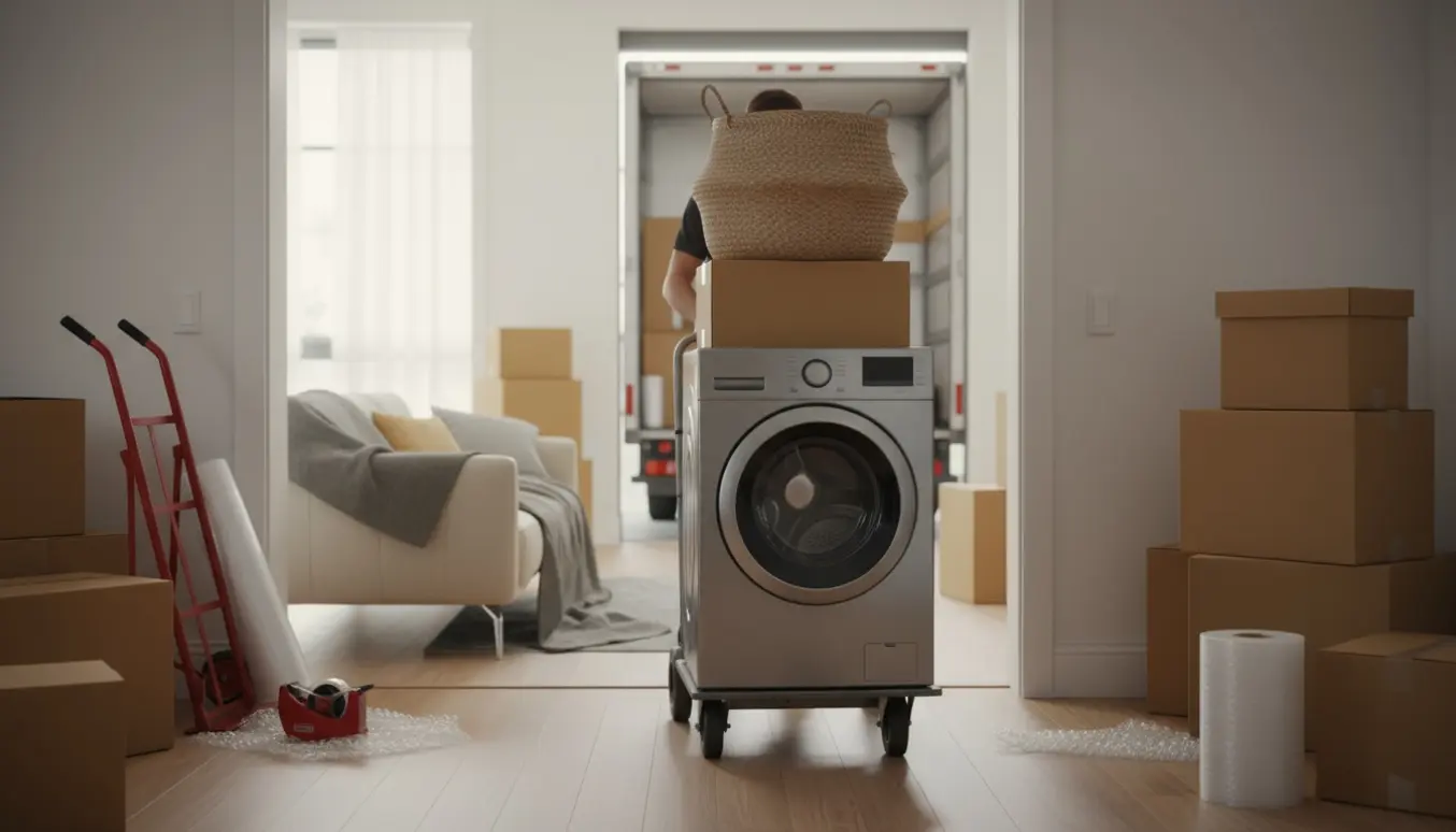 To flyttemænd triller en vaskemaskine på en tralle gennem en lys entré omgivet af flyttekasser og en flettet vasketøjskurv.