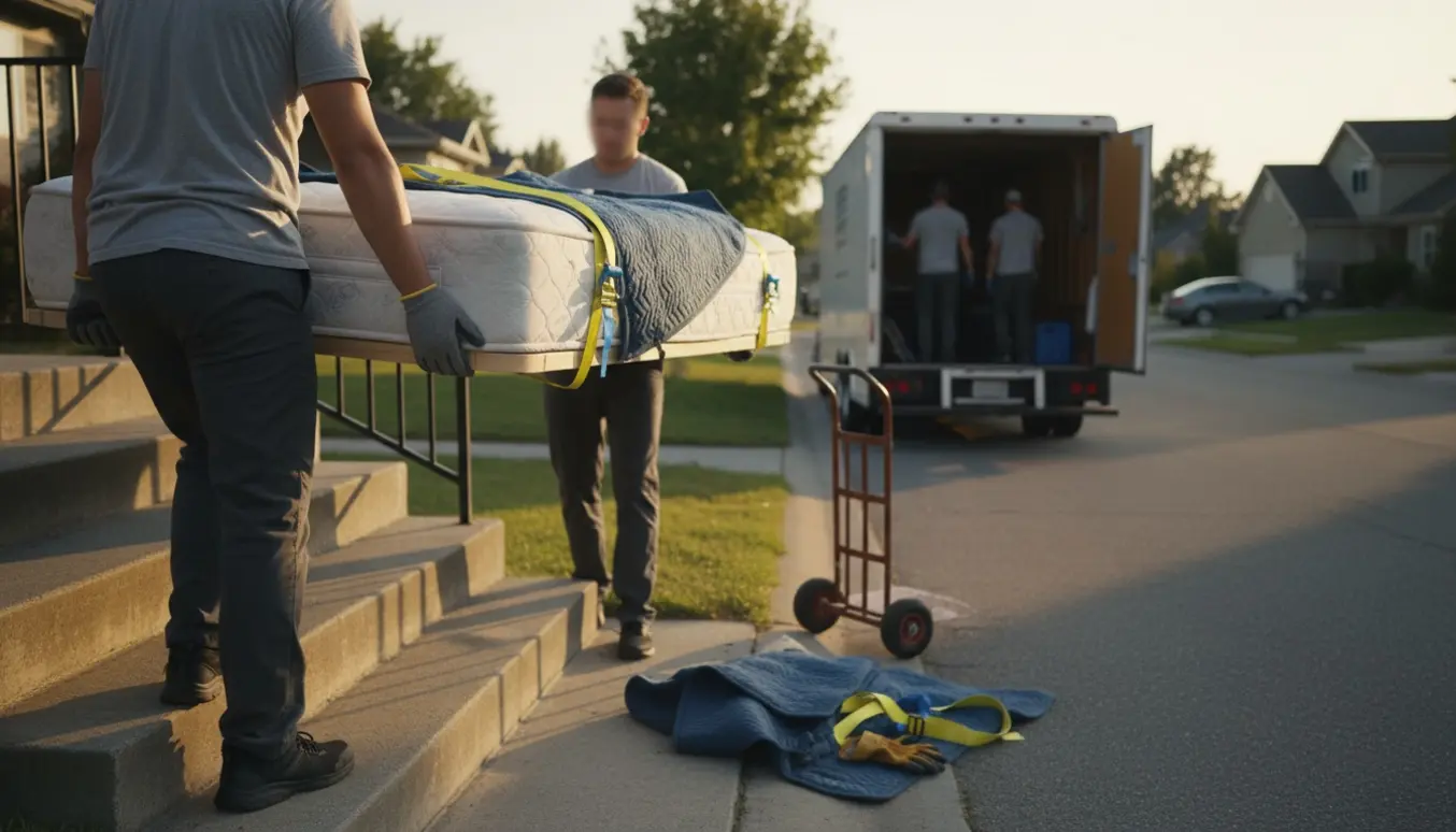 Folk bærer en mellemstor seng ned ad udendørs trapper mod en varevogn med trailer.