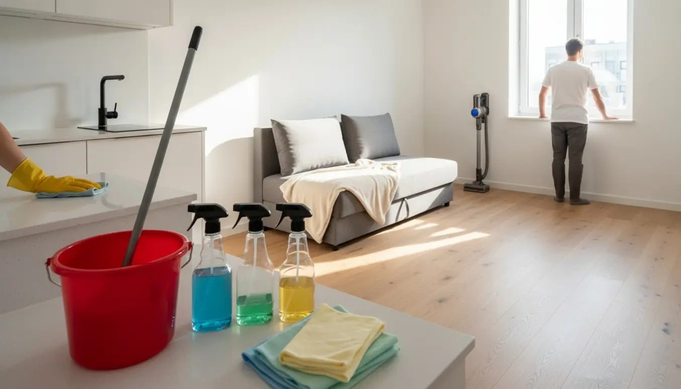 Lys nyistandsat lille et-værelses lejlighed under rengøring med rengøringsmidler og hænder i arbejde.