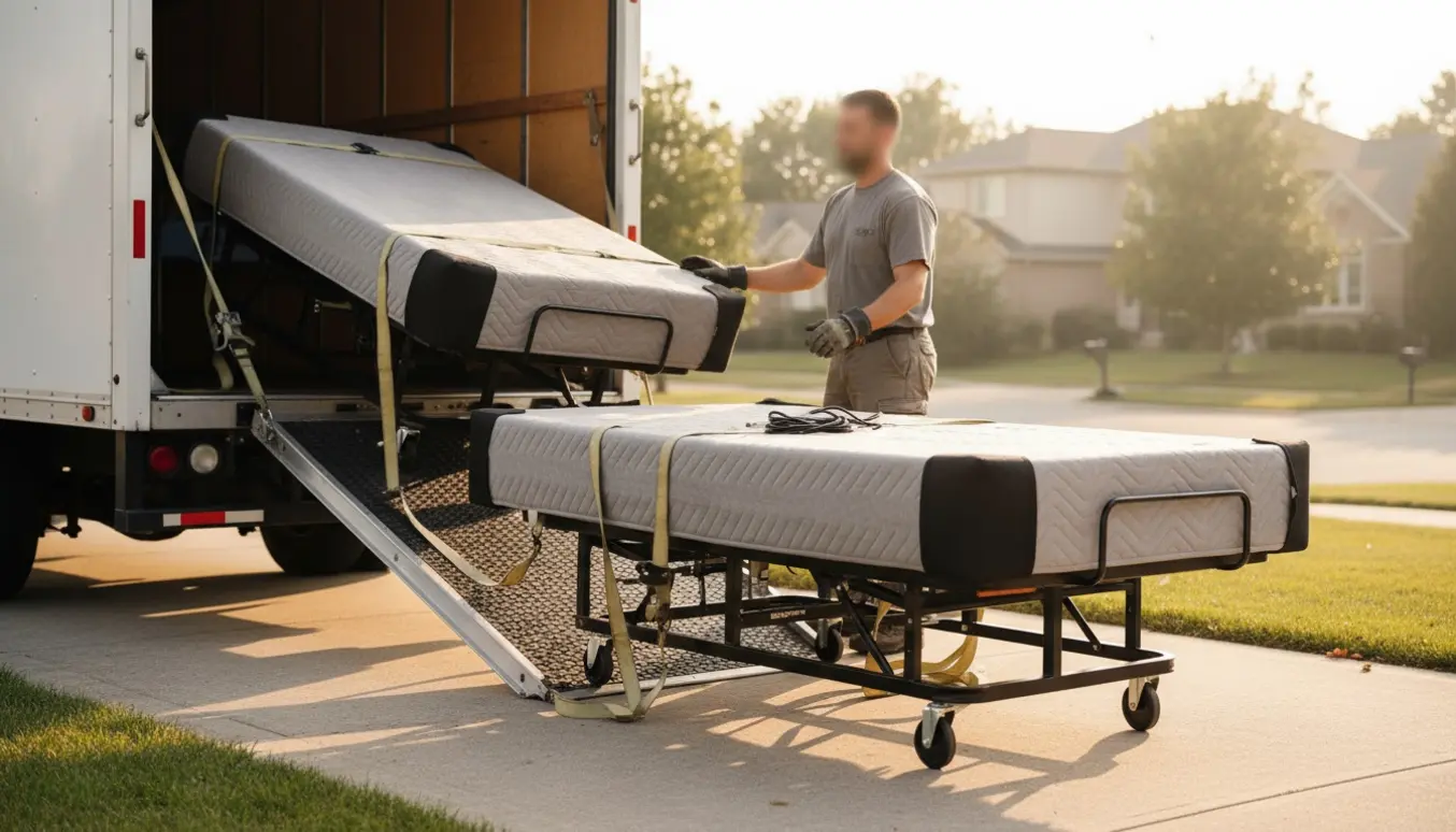 To enkelt elevationssenge læsses i en varevogn på indkørslen, beskyttet af flyttetæpper.