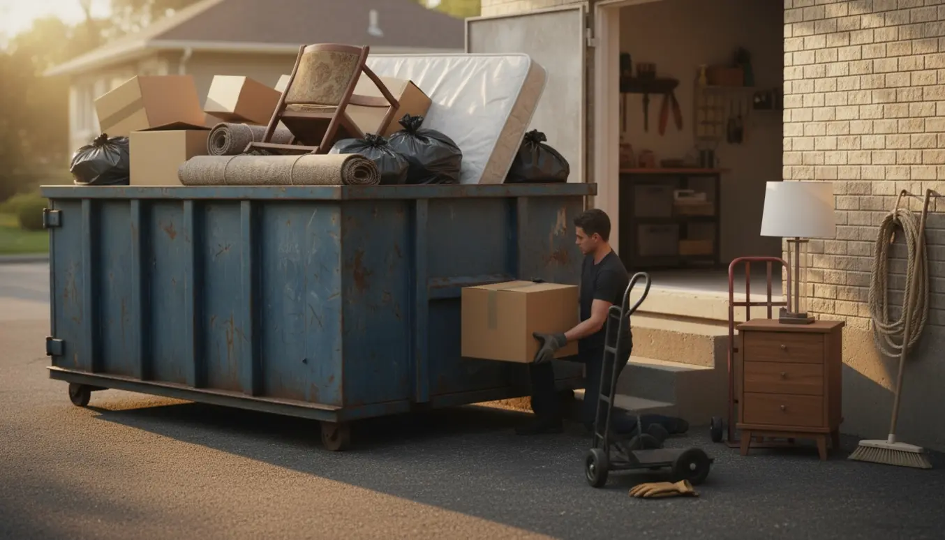 Åben container i indkørsel ved en kældertrappe med flyttekasser og møbler klar til tømning.