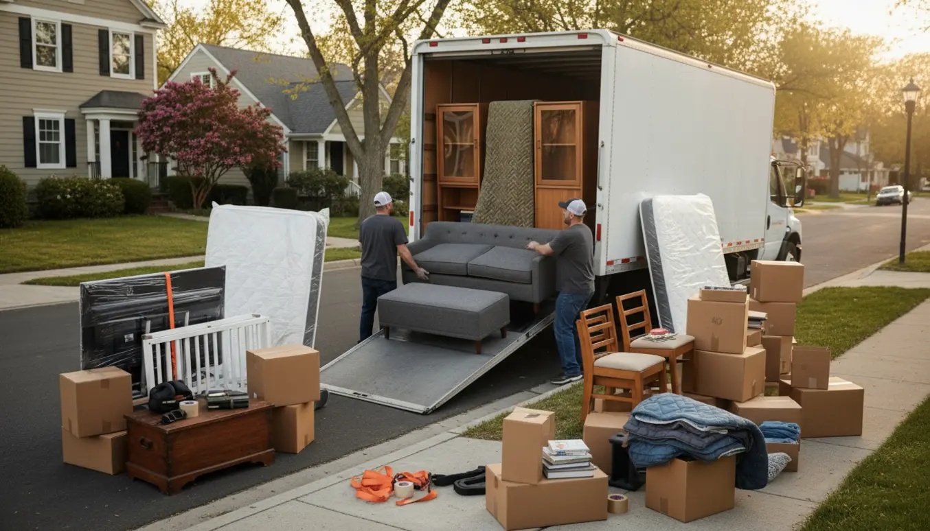 To hjælpere læsser sofa, senge, skabe og flyttekasser ind i en flyttevogn med lift foran en bolig.