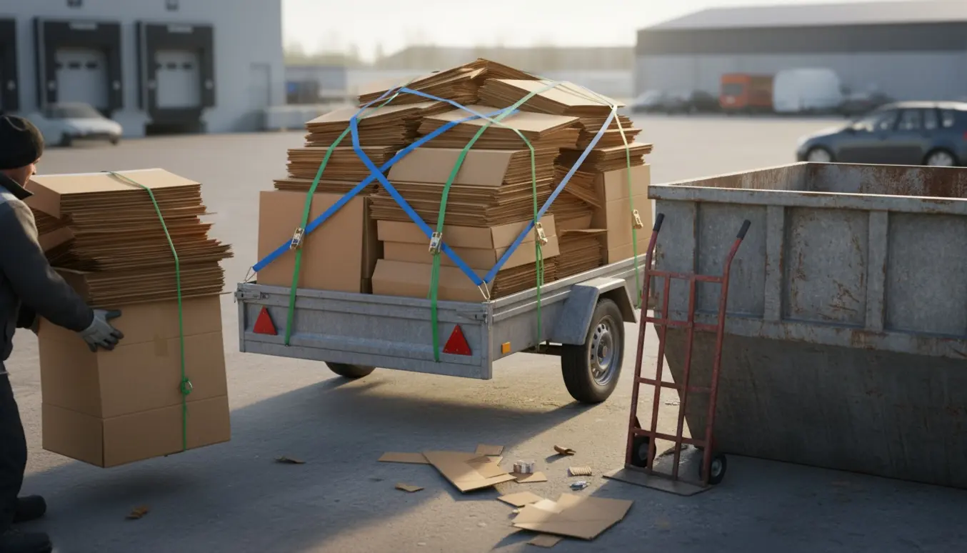 En trailer fyldt med sammenfoldet pap læsses af ved en genbrugsstation.