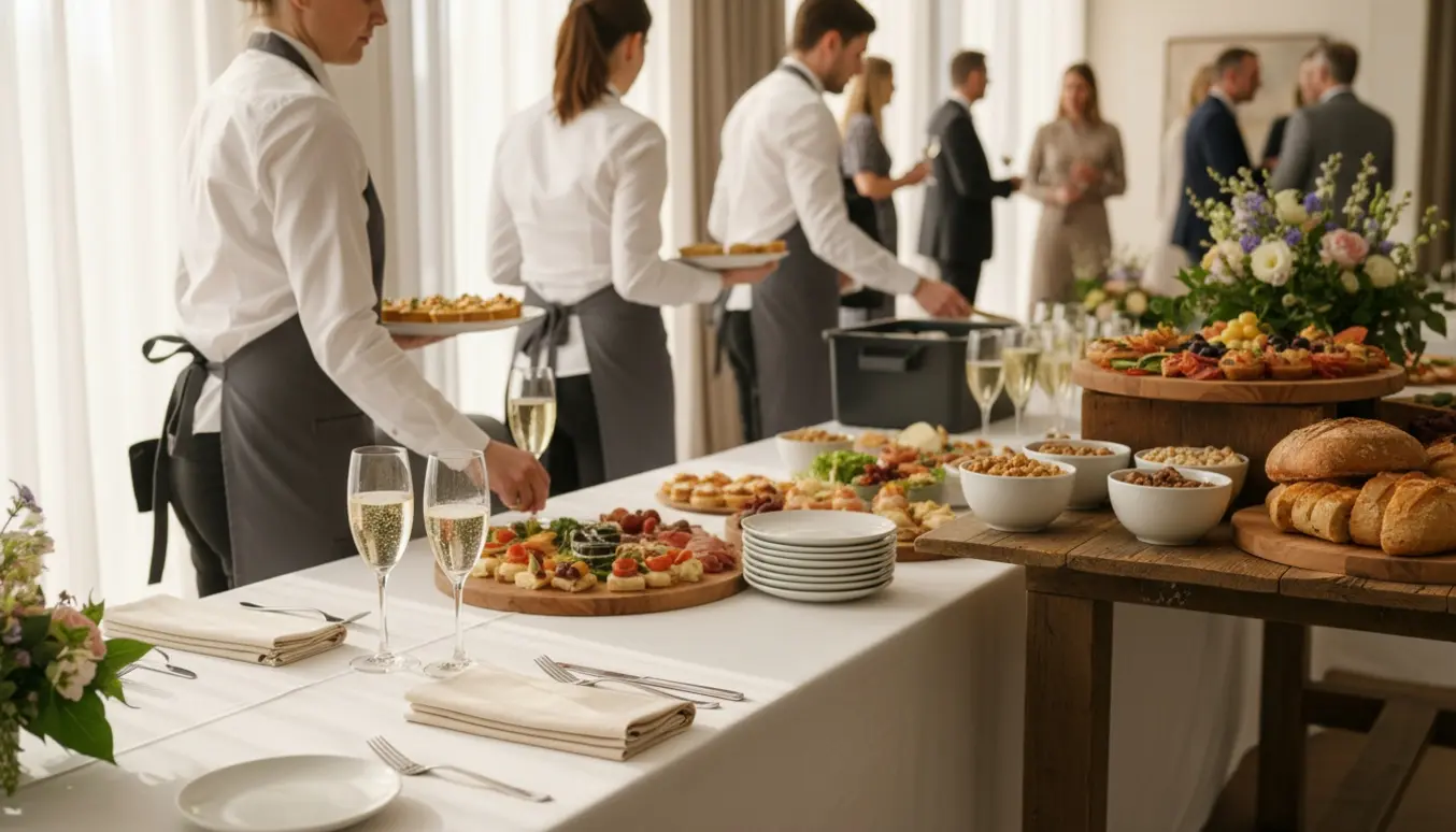 Tre tjenere dækker og serverer velkomstdrinks og snacks ved et lyst, velduget konfirmationsbord.