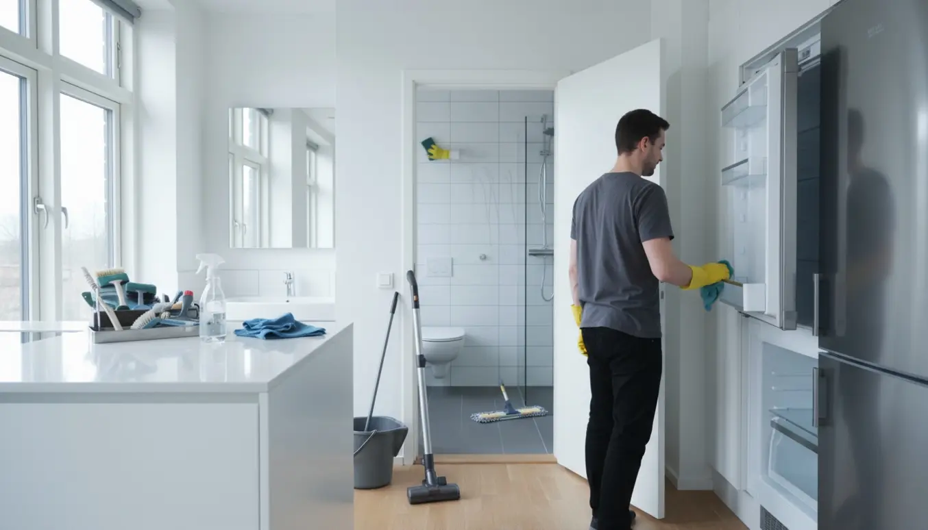 En rengøringsperson i handsker pudser køkkenbord i en moderne lejlighed med støvsuger, moppe og et skinnende badeværelse i baggrunden.