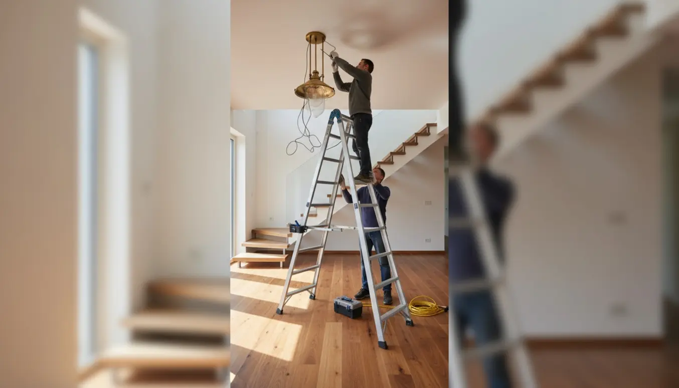 En lang stige under en trappe, hvor en person på stigen fjerner en hængende lampe, mens en anden holder stigen.