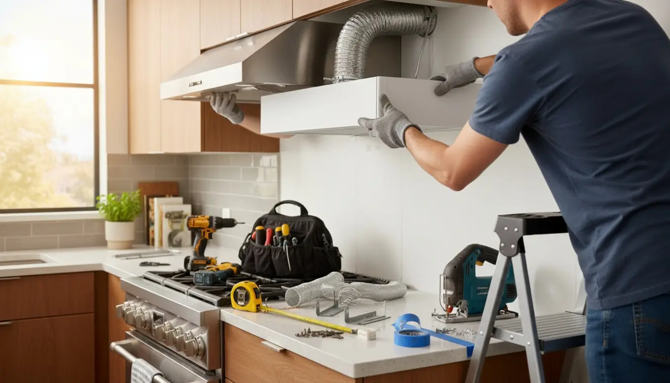 Hænder installerer ny emhætte over komfur i køkkenet, med afmonteret gammel emhætte og værktøj synligt.