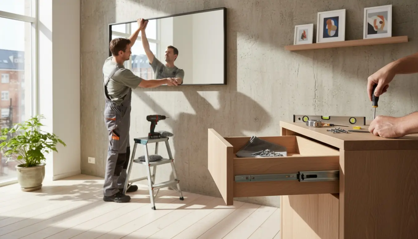 Handyman placerer et stort spejl på en rå betonvæg i en lys lejlighed, mens værktøj og en åben køkkenskuffe med løs skinne ligger klar.