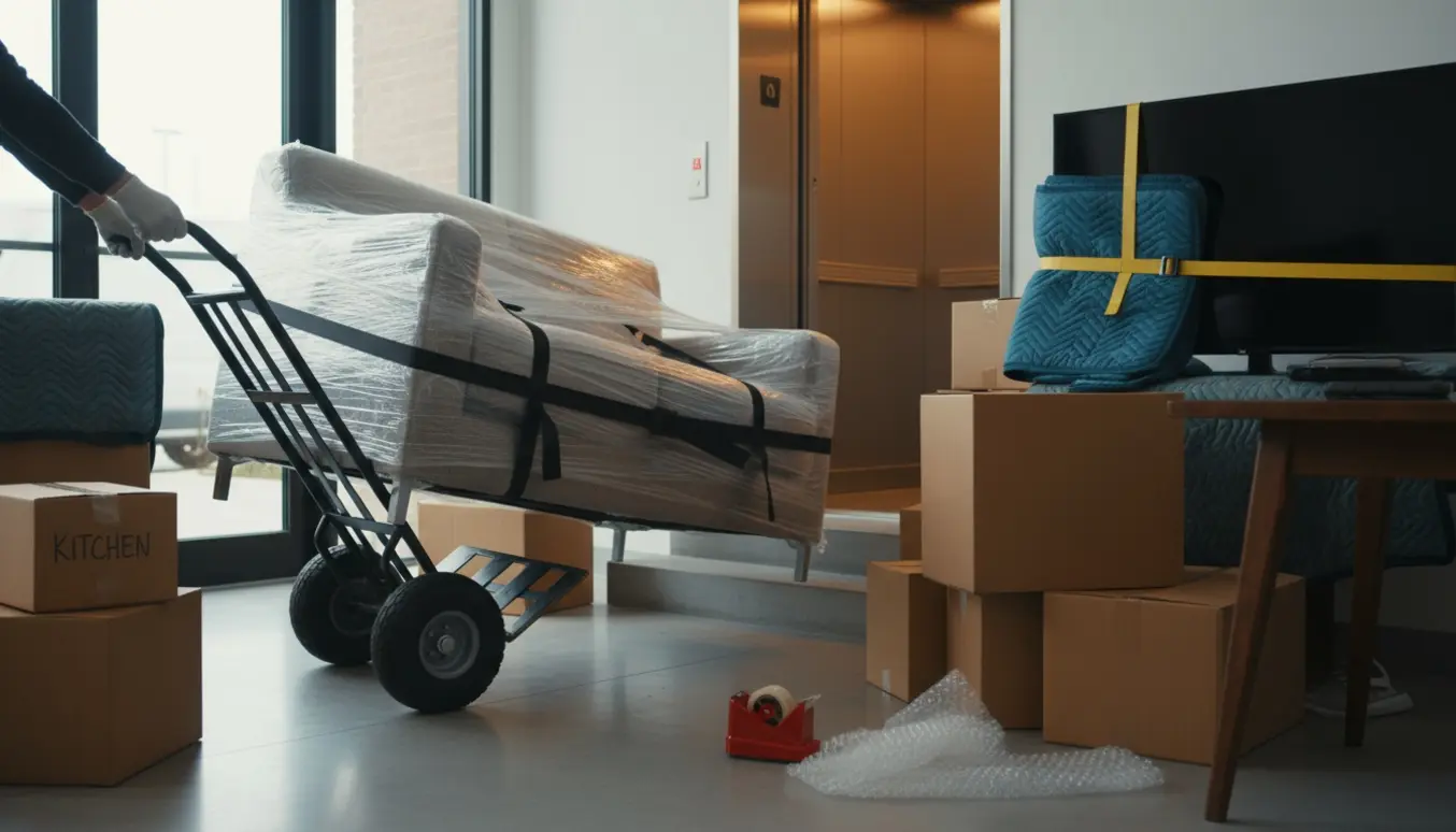 Flyttefolk trækker en indpakket sofa ned ad to trappetrin med flyttekasser og åben elevator i baggrunden.